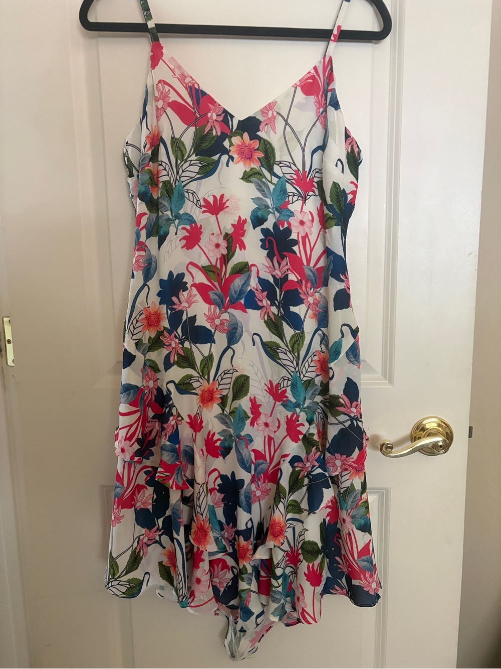 Parker Floral Asymmetrical Hem Dress Size M Spaghetti Strap Ruffle Midi